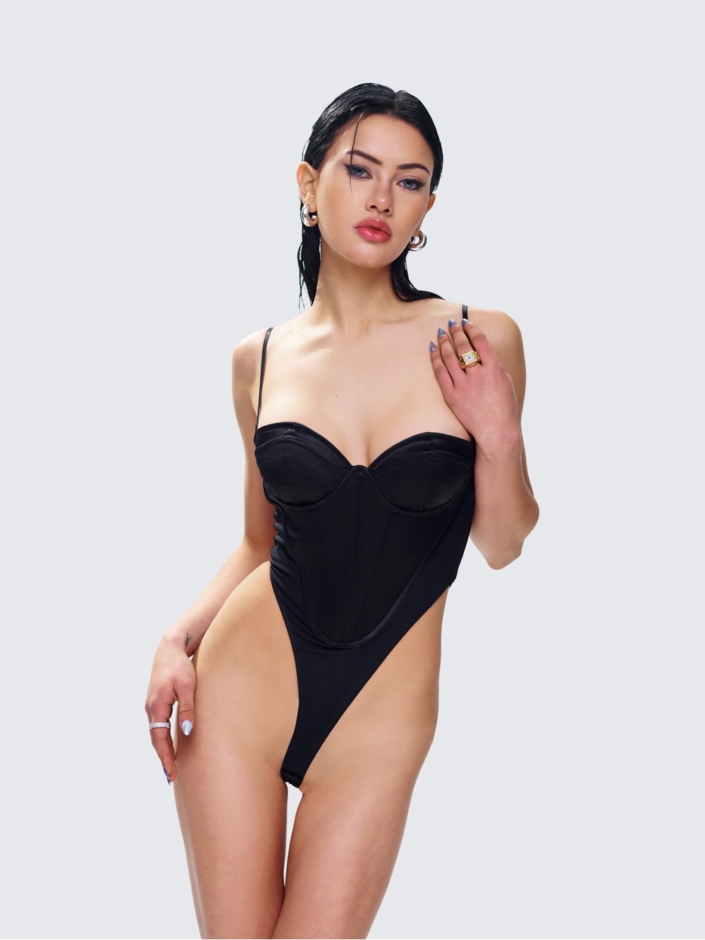 Finesse Fara Black Satin Corseted sexy Bodysuit XS LL3-30